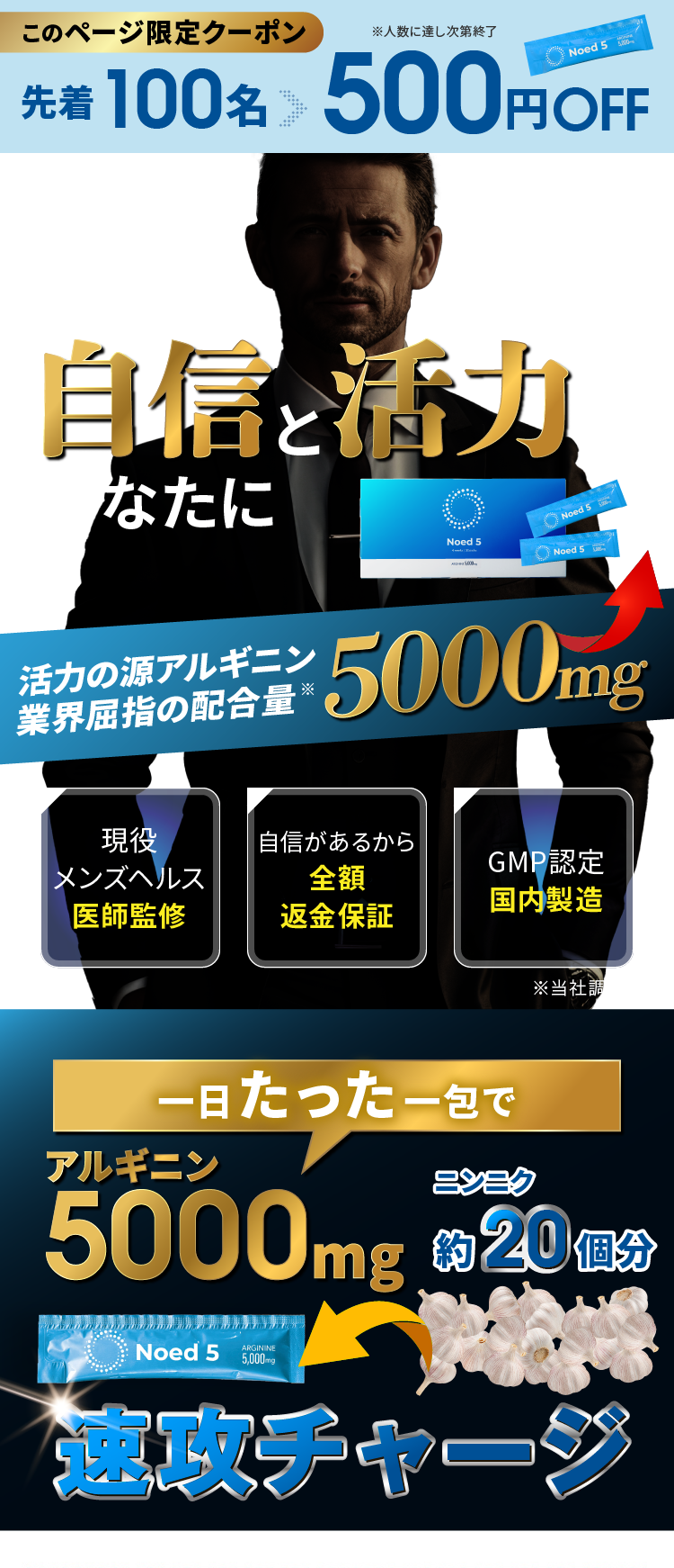 先着100名 500円OFF 夜の自信と活力をあなたに 活力の源アルギニン 業界屈指の配合量5000mg